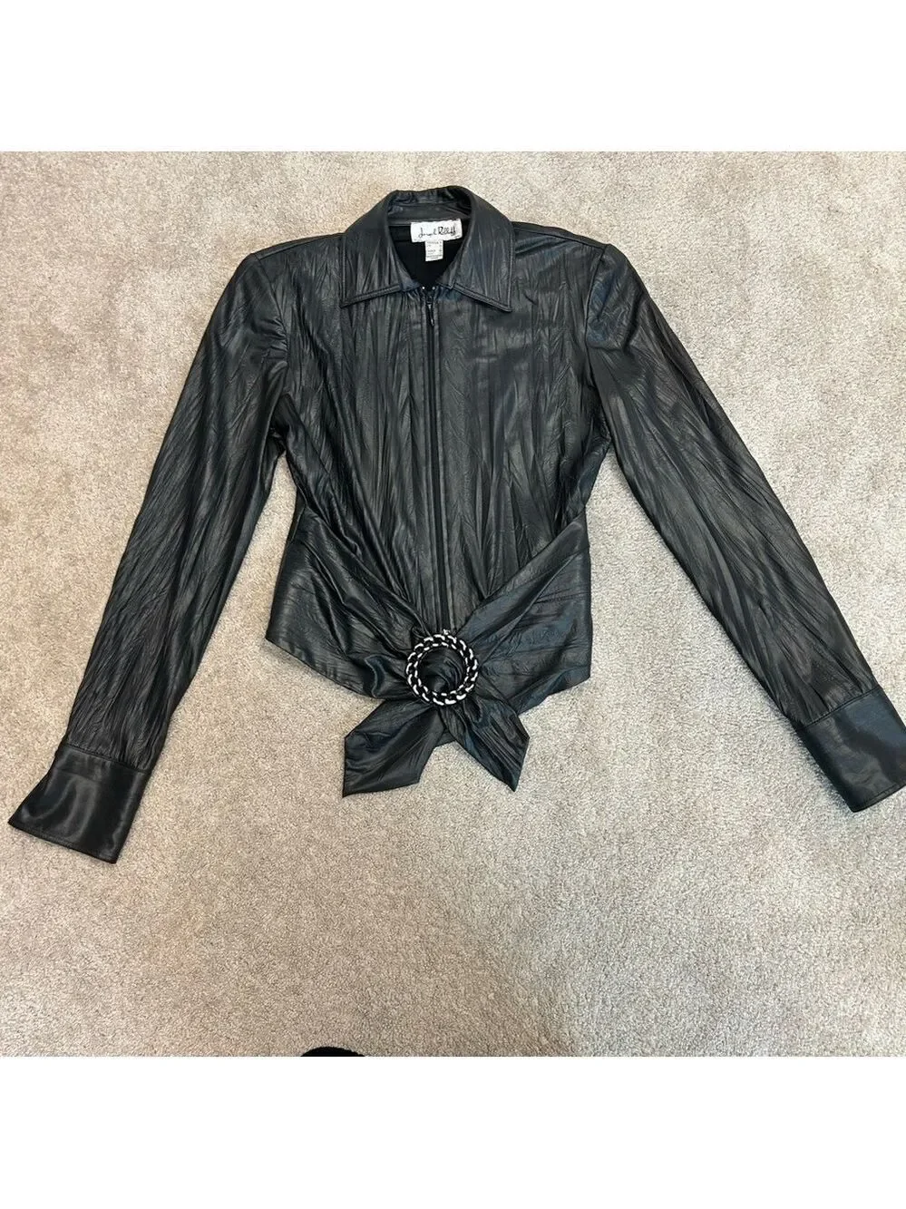 Joseph Ribkoff black faux leather full zip front buckle jacket wrinkled style 6